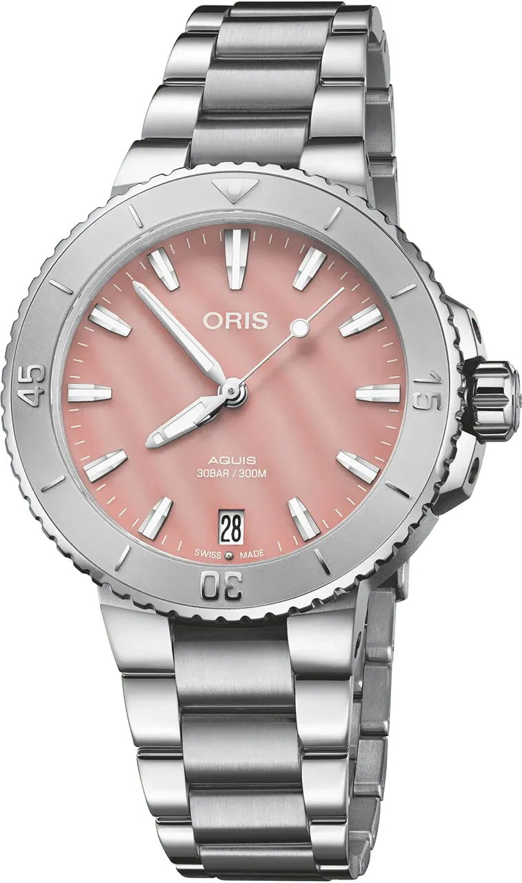 Oris Aquis Date Automatic Pink Dial Rubber Strap Women's Watch